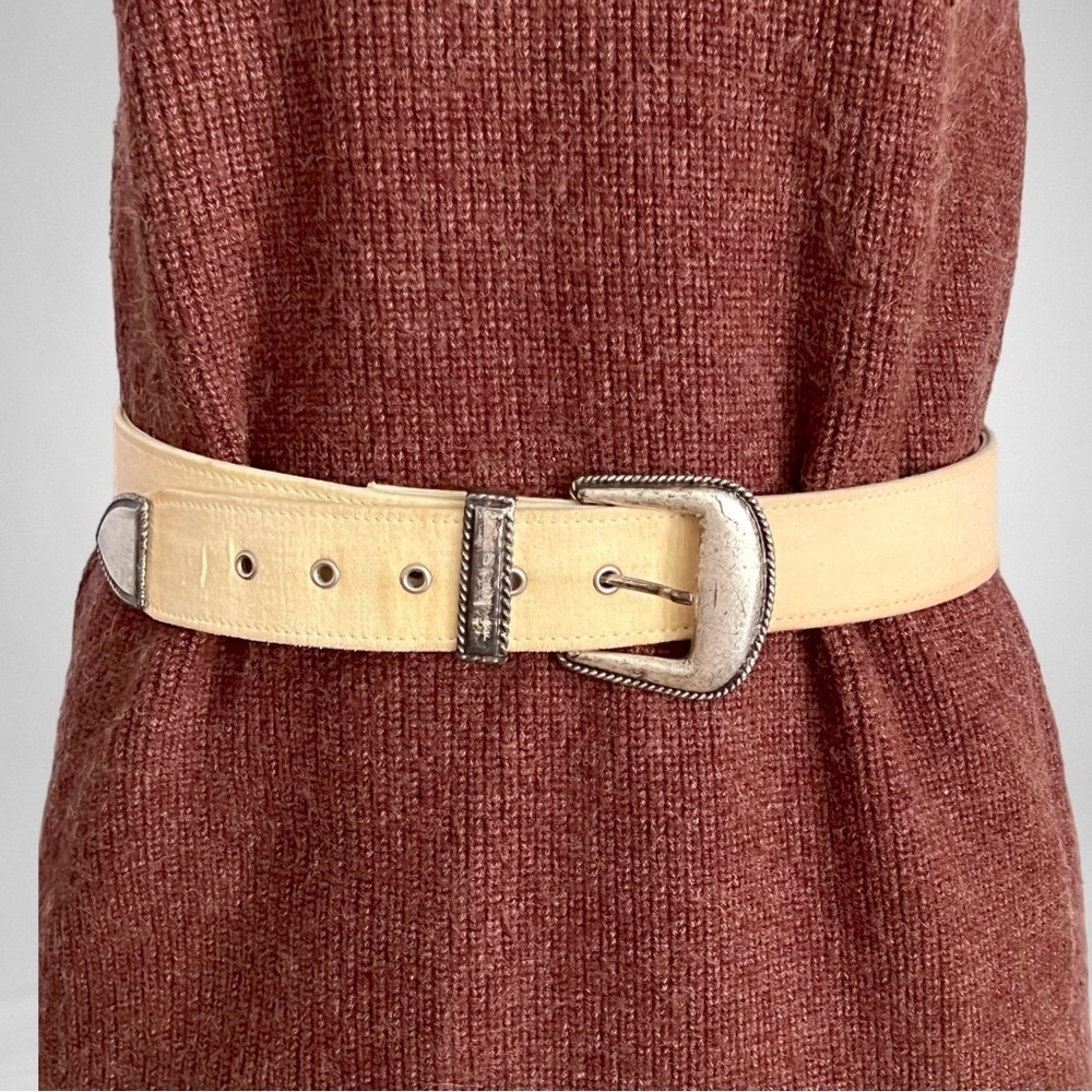 Vintage Western Canvas Belt SZ L Cream Silver - Picture 8 of 9